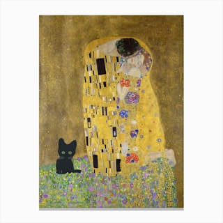 Art The Kiss, Gustav Klimt  Inspired Art Print Grey Cat Canvas Print