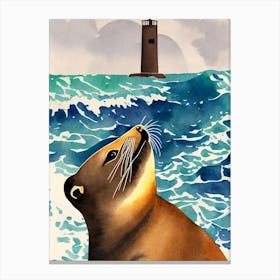 Sea Lion Vintage Graphic Watercolour Canvas Print