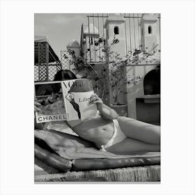 Woman Reading Book In Bikini Black And White Luxury Fashion Canvas Print