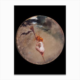 Witch on a Broomstick 1882 by Luis Ricardo Falero - Vintage Witchy Art Nude Witches Black Bat Redhead Famous Oil Painted Originally on a Tamberine Black Background High Resolution Remastered Pagan Naked Witchcore Gothic Cool Canvas Print