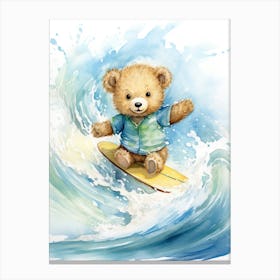Surfing Teddy Bear Painting Watercolour 3 Canvas Print