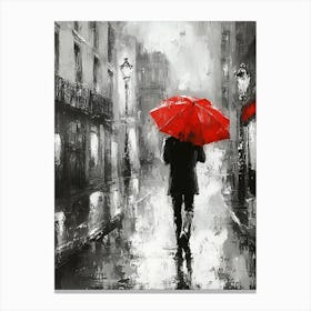 A Man with a Red Umbrella in the Rain Canvas Print