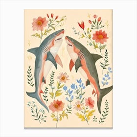 Folksy Floral Animal Drawing Shark Canvas Print