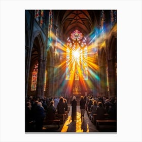 Cathedral Bathed In The Ethereal Glow Of Sunrise During Sunday Worship Congregants In Vibrant Attir (2) Canvas Print