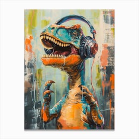 Green Orange Blue Dinosaur With Headphones On 2 Canvas Print