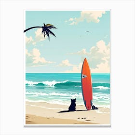 Surfboard And Cat On The Beach Canvas Print