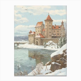 Vintage Winter Illustration Trakai Castle Lithuania 1 Canvas Print