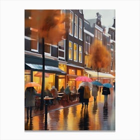 Amsterdam cafes, autumn season, rain, autumn oil colours.Faded colours,People passing on the street, winter clothes, rain umbrellas.7 2 Lienzo