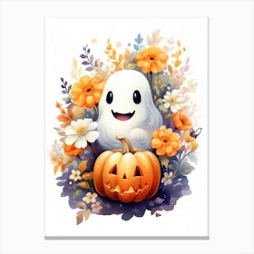 Cute Ghost With Pumpkins Halloween Watercolour 14 Canvas Print