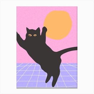Funny Minimal Black Disco Cat Jumping Canvas Print