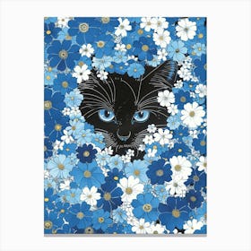 Black Cat In Blue Flowers 6 Canvas Print