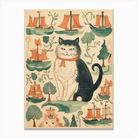 Medieval Style Ships & Cat With Collar Canvas Print