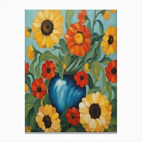 Sunflowers In A Blue Vase Canvas Print