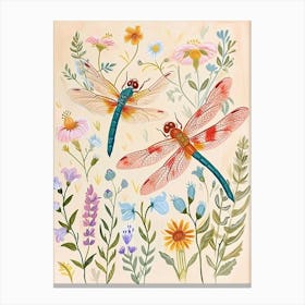 Folksy Floral Animal Drawing Dragonfly Canvas Print