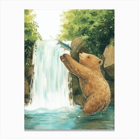 Sloth Bear Catching Fish In A Waterfall Storybook Illustration 2 Canvas Print