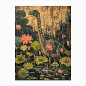 Dinosaur With Lotus Flowers Painting 2 Canvas Print