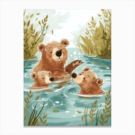 Sloth Bear Family Swimming In A River Storybook Illustration 1 Canvas Print