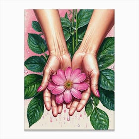 Pink Flower In Hands Canvas Print