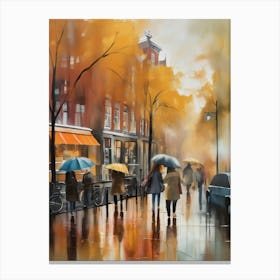 Amsterdam cafes, autumn season, rain, autumn oil colours.Faded colours,People passing on the street, winter clothes, rain umbrellas..11 1 Canvas Print