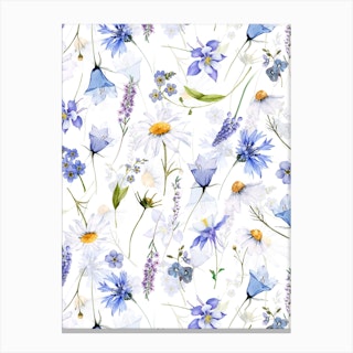 Blue And White Scandinavian Midsummer Wildflowers Meadow Canvas Print