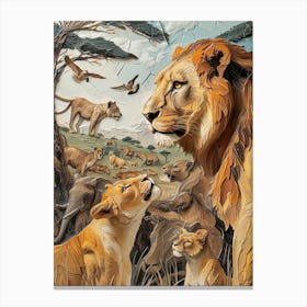 African Lion Relief Illustration Interaction 3 Canvas Print