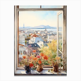 Window View Of Reykjavik Iceland In Autumn Fall, Watercolour 4 Canvas Print