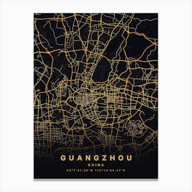 Guangzhou China Black And Gold Map Canvas Print