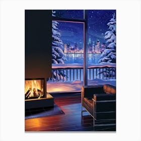 Anime Canvas Art: Cozy Cabin with Fireplace, Snowy City Skyline, and Starry Night, Perfect for Lofi Aesthetic and Winter Ambience Art Lovers. Canvas Print