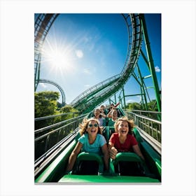 Captivating View Of A Roller Coaster Car Speeding Along Its Shimmering Steel Tracks Under A Vibran Canvas Print