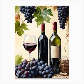 Vines,Black Grapes And Wine Bottles Painting (17) Canvas Print