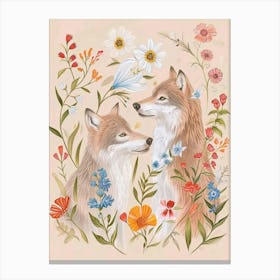 Folksy Floral Animal Drawing Wolf 3 Canvas Print