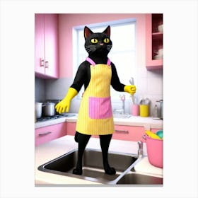 Black cat in a yellow apron Canvas Print