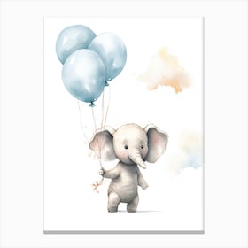 Baby Elephant Flying With Ballons, Watercolour Nursery Art 1 Canvas Print