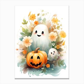 Cute Ghost With Pumpkins Halloween Watercolour 55 Canvas Print