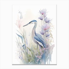 Blue Heron With Flowers Gouache 3 Canvas Print