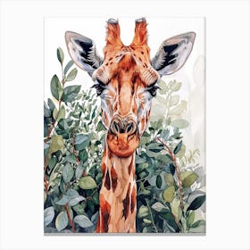 Giraffe Watercolour Portrait In The Leaves 2 Canvas Print