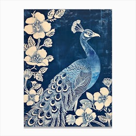 Navy Blue & Cream Peacock With Tropical Flowers 1 Canvas Print