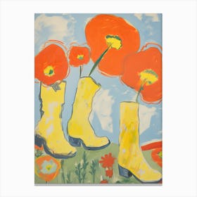 Painting Of Red Flowers And Cowboy Boots, Oil Style 1 Canvas Print