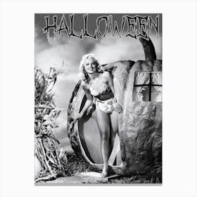 Beautiful Pin Up Girl Coming From A Big Pumpkin Canvas Print