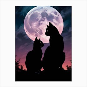 Two Black Cats Silhouettes Under A Full Moon 1 Canvas Print