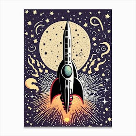 Retro Rocket Launch with Moonlit Galaxy Backdrop Toile