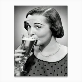 Woman Drinking Beer Portrait Canvas Print