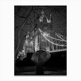 London Tower Bridge Rain Night Bw Canvas Print