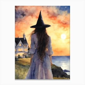 Sally Returning Home to Owens House Practical Magic - White Romantic Victorian Mansion by the Sea - Gillian Awaits - The Sun Setting Perfect Witchcraft Gallery Feature Wall Witchy Art Pagan Watercolor Wicca Wheel of the Year HD Canvas Print