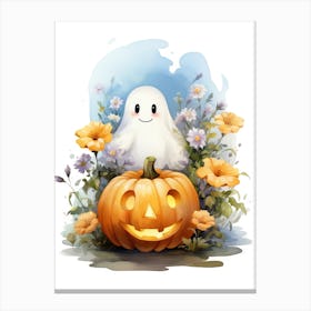 Cute Ghost With Pumpkins Halloween Watercolour 105 Canvas Print
