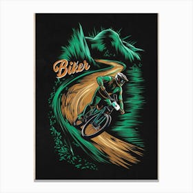 A Striking Vector Illustration Of A Mountain Biker, Shown In A Bold, Artistic Style Canvas Print