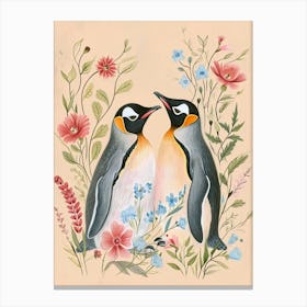 Folksy Floral Animal Drawing Penguin Canvas Print