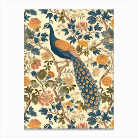 Cream Blue & Mustard Peacock Wallpaper Canvas Print