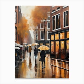 Amsterdam cafes, autumn season, rain, autumn oil colours.Faded colours,People passing on the street, winter clothes, rain umbrellas.7 1 Canvas Print