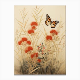 Butterflies In Wild Flowers Japanese Style Painting 8 Canvas Print